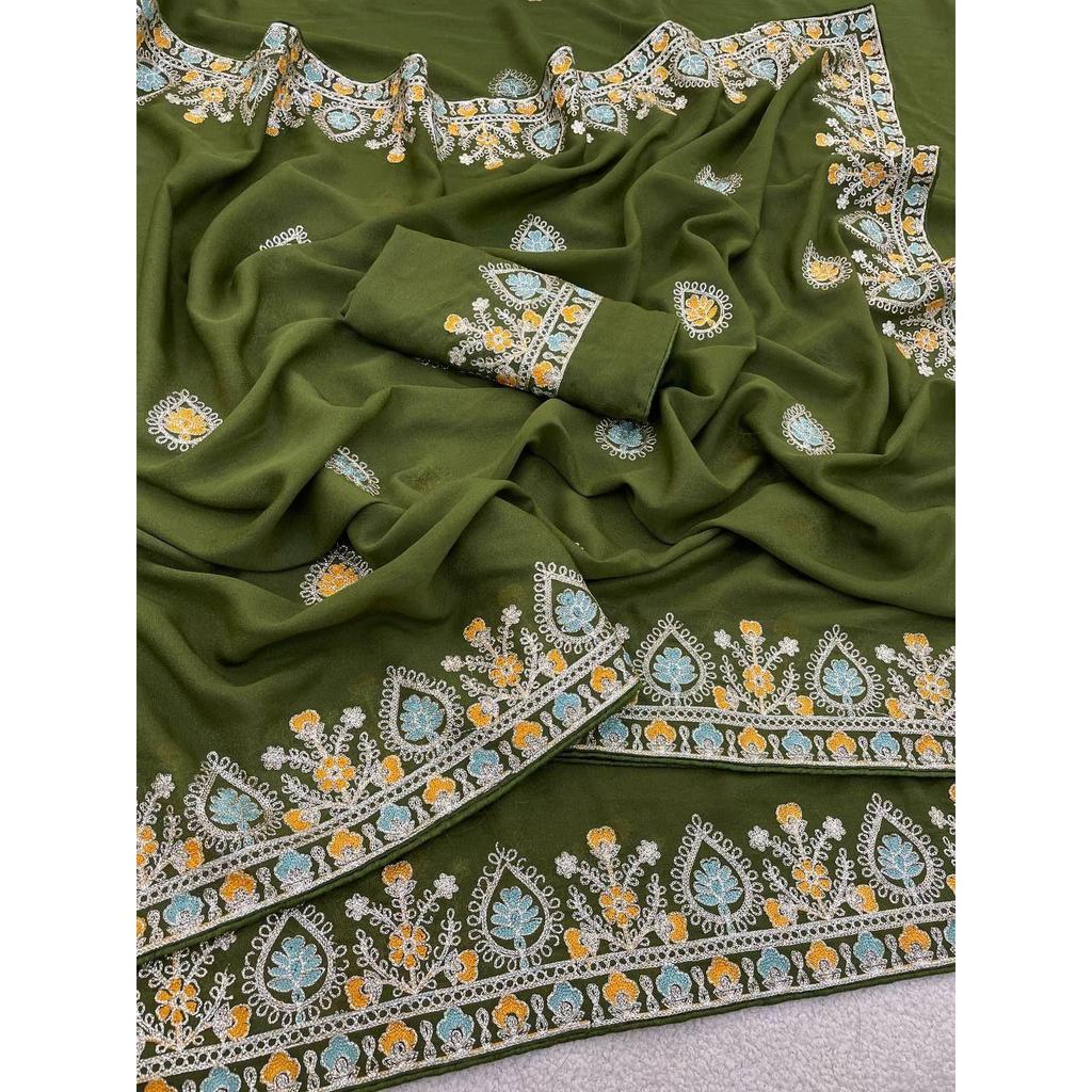 Pure  soft star Georgette silk fabric with thread work embroidered with piping border