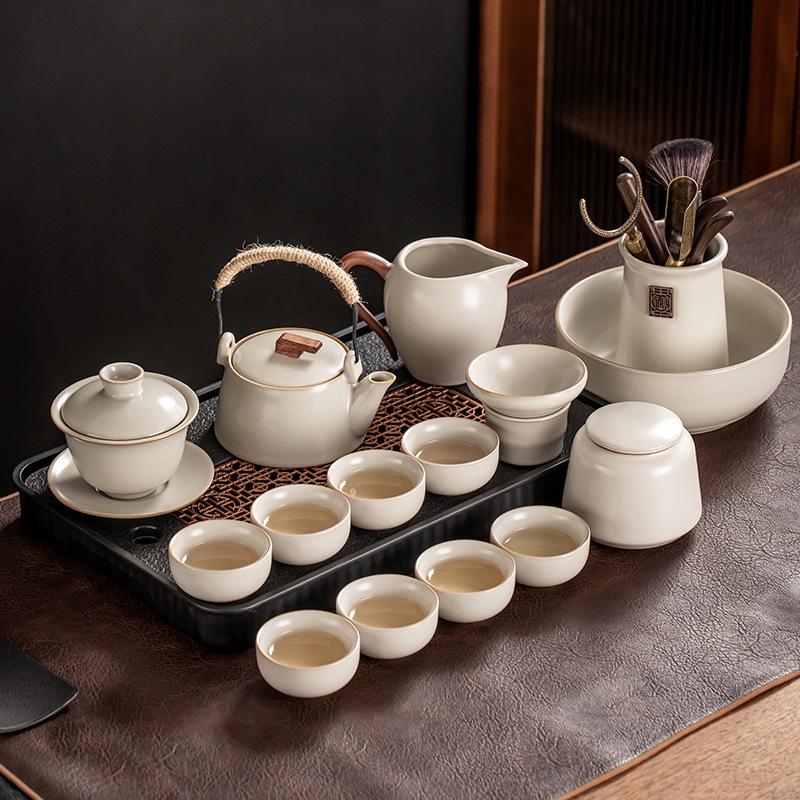 High-End Ru Kiln Ceramic Kung Fu Tea Set - Luxury Gaiwan Teapot, Tray, and Cups for Home.