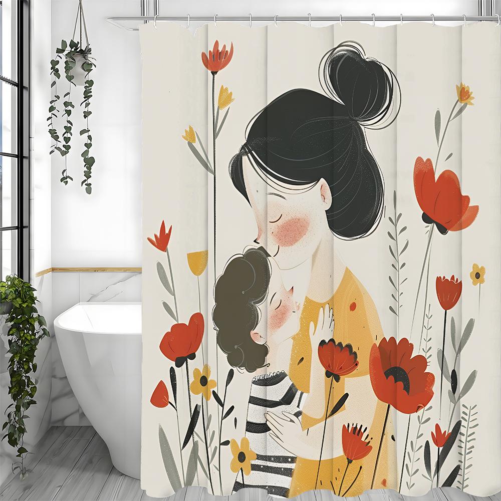 Happy Mother's Day Mother and Child Hugs Floral Shower Curtain, Bathroom Decorative Shower Curtain, Waterproof Shower Curtain wi