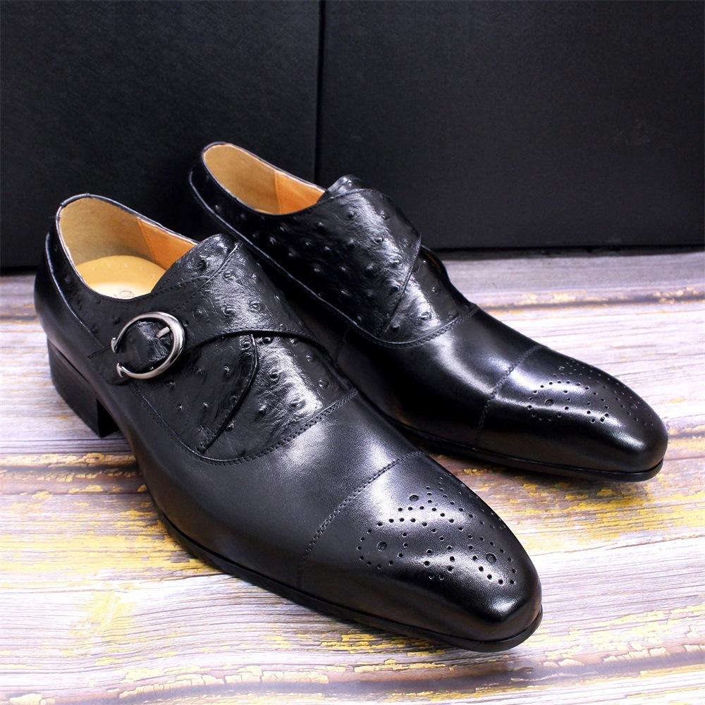 Men'S Leather Shoes Leather Ostrich Embossed Buckle Pointed Business Dress Office Men'S Shoes