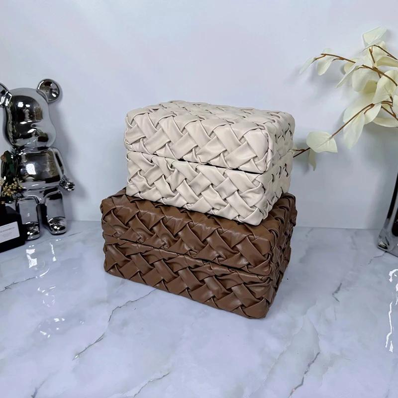 Handmade Luxury Jewelry Box Leather Weave Storage Boxes Necklace Organizer Jewelry Display Case Portable Ornaments Bedroom Packaging Art Boxes Gifts