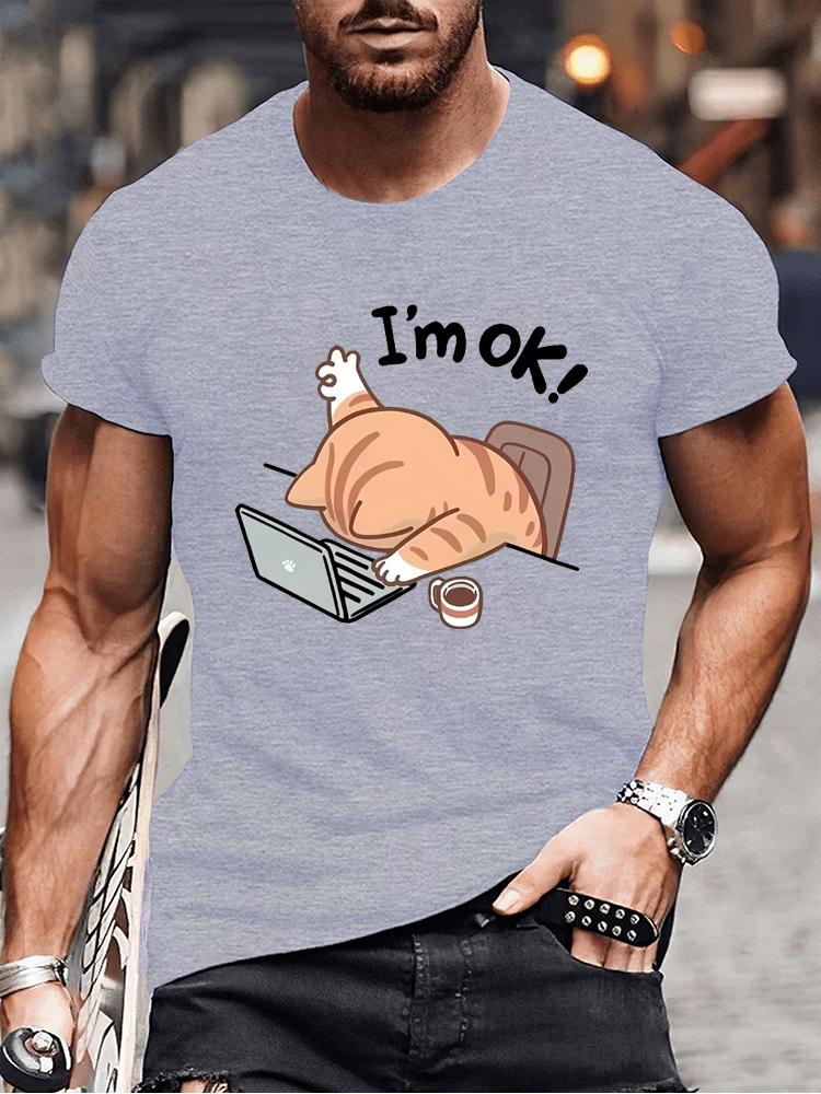 Cute "I'm OK" Cat Graphic T-Shirt for Men Women Casual Round Neck Short Sleeve Tee Fashion Stylish Lazy Cat Design T-shirts Tops