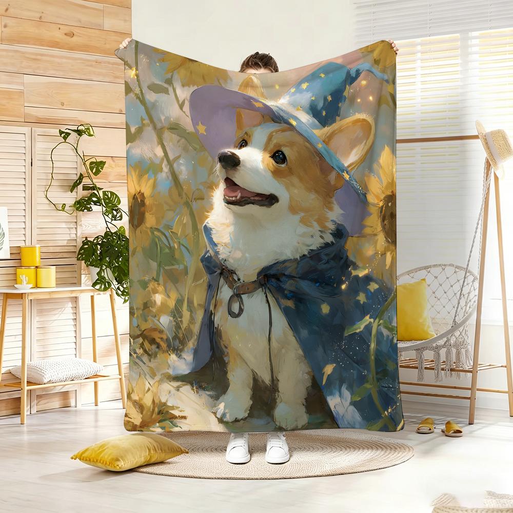 Cute Cartoon Calming Anima Corgi Throw Lightweight 240g Flannel Blanket Soft Skin-friendly for Summer Cooling 75x90cm