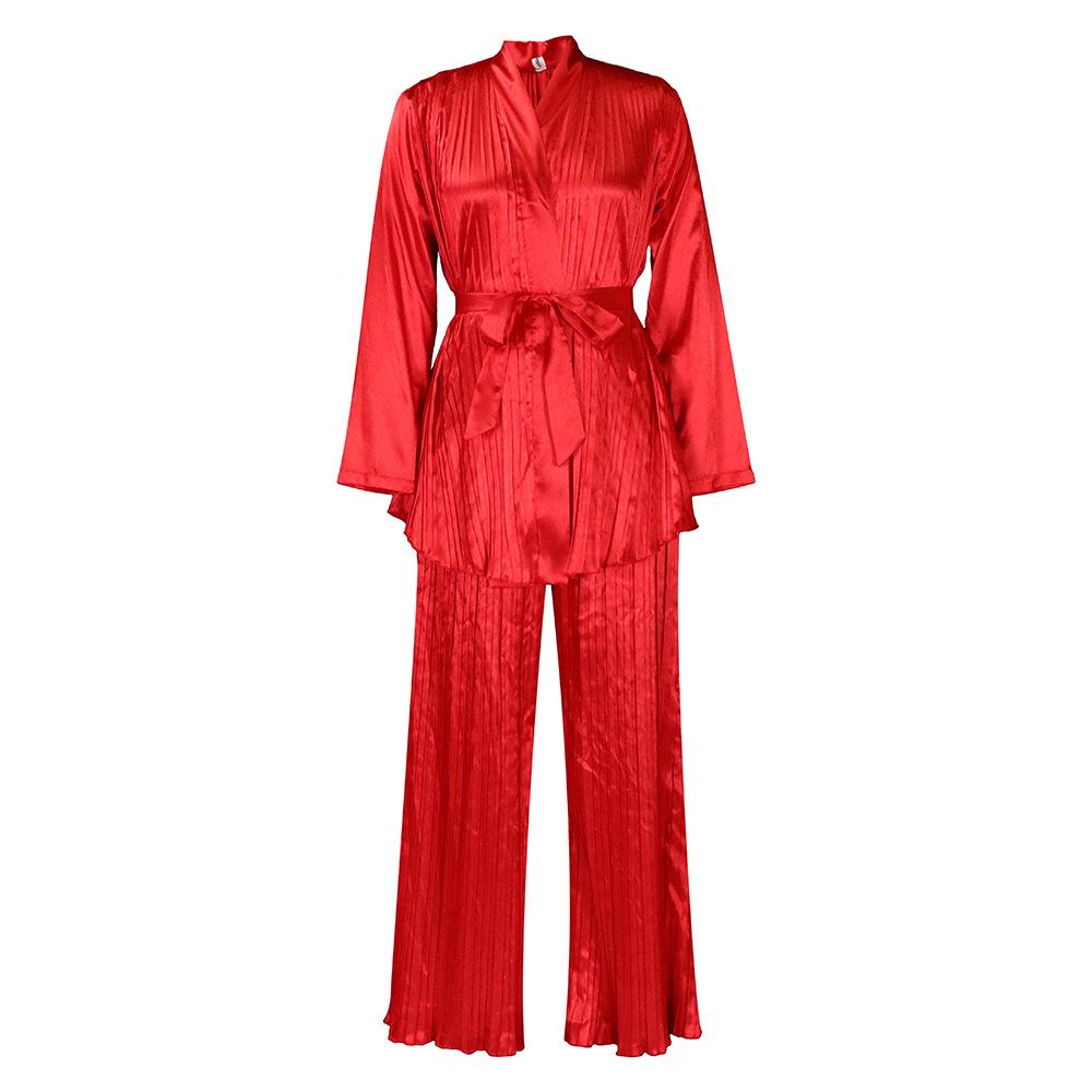 Women's Solid Color Pleated Two-Piece Set: Loose Long Sleeve Tie-Up Shirt & Long Pants