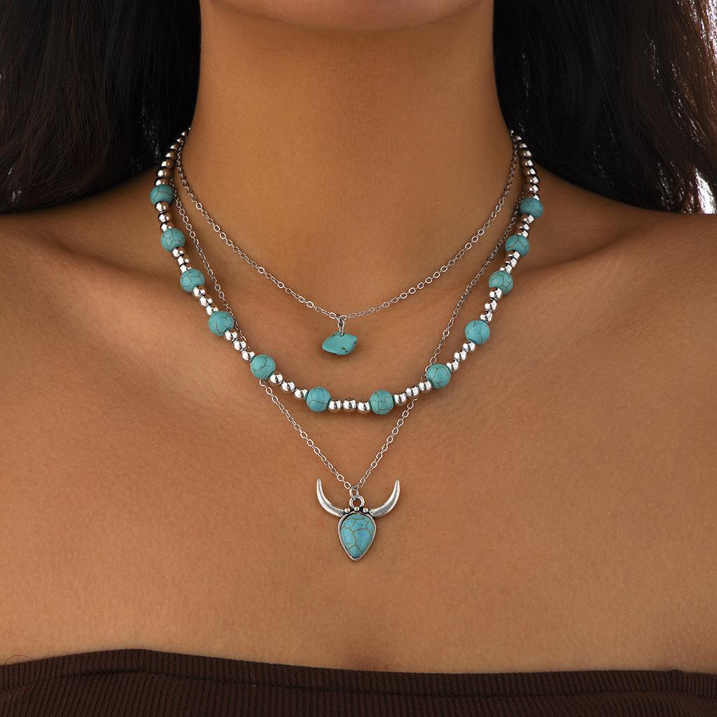SHIXIN Set da 3 Pezzi Collana con Ciondolo Pietra Blu Vintage per Donna Catena di Perline Bohémien Choker Gioielli Quotidiani Accessori Y2K Collare