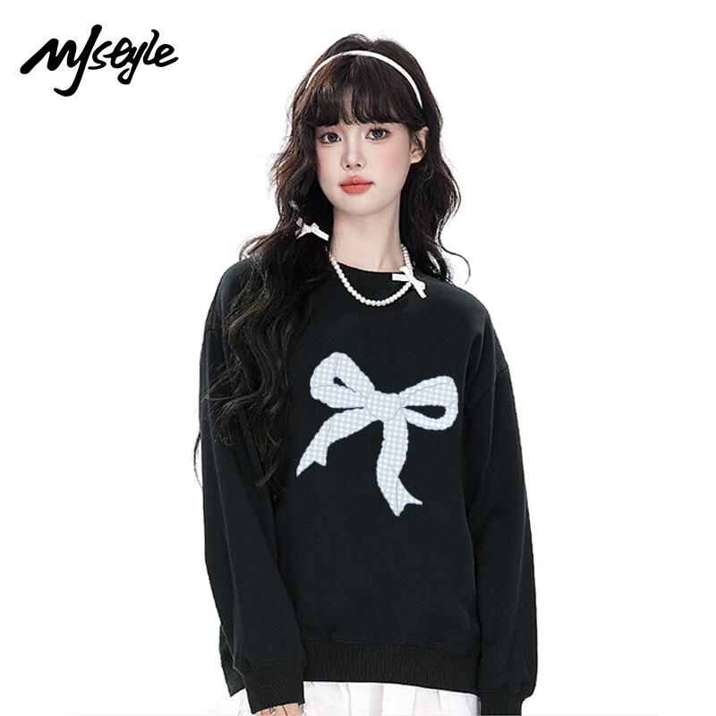 MJ Style Women s Bow Print Round Neck Sweatshirt 2XL