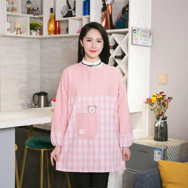 Long-sleeved Apron - Kitchen Household Waterproof and Stain-resistant Cute Workwear Long-sleeved Coverall Apron pink
