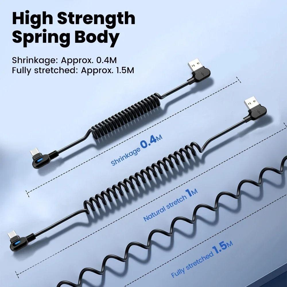 Black USB C To Type C Fast Charging Cable Elbow Car Spring Data Cable for Samsung Huawei Xiaomi Car