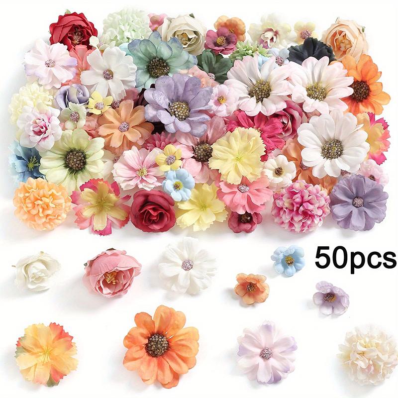 

50Pcs Mini Random Color Silk Artificial Flower Head Fake Peony Daisy Rose Flower For Craft Garment Wedding Party DIY Home Decor 50Pcs