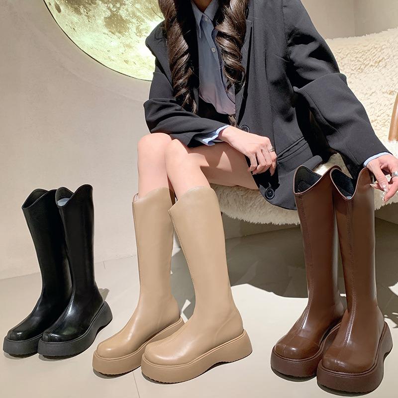 

Длинные рыцарские сапоги Модные ботинки с круглым носком и средним каблуком на высоком каблуке Женские ботинки martin с молнией сзади