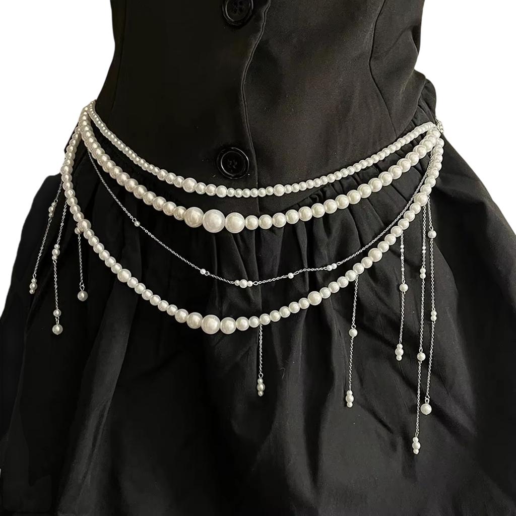 Multi Layered Pearl Tassel Waist Chain Belt for Women Elegant Body Chain with Adjustable Length for Parties and Festivals