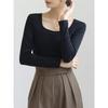 Women's Square Neck Long Sleeve T-Shirt Slim Fit Solid Cotton Casual Basic Undershirt Autumn Commuter Top