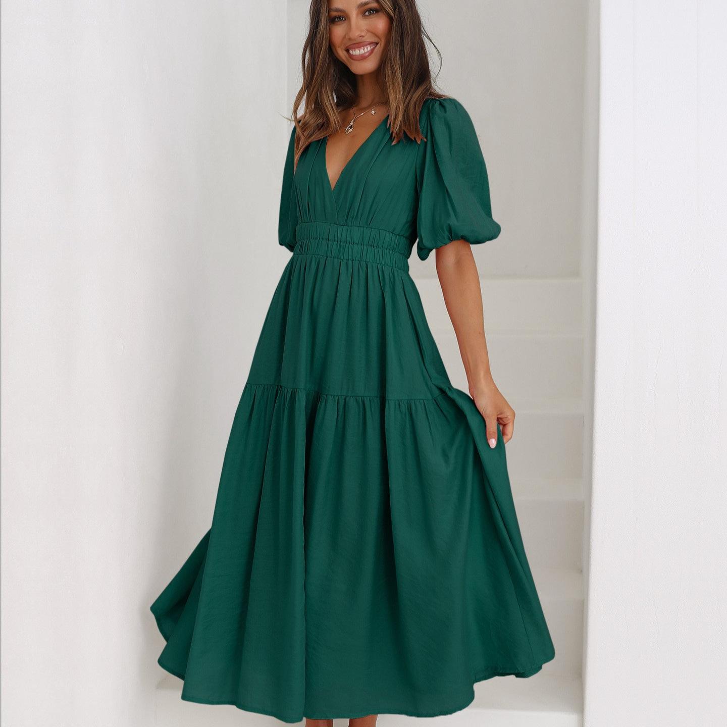 

Жіноча світло-блакитна максі-сукня з V-подібним вирізом, пишними рукавами та струмливою спідницею. Елегантна повсякденна довга сукня з розрізом збоку. 3XL grass зелений колір