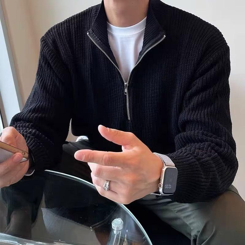 

Semi-zipper Cardigan Sweater Men s Autumn Korean Version Trendy Handsome Versatile Stand-up Neck Knitted Sweater Top Turtleneck Jacket 3XL чорний