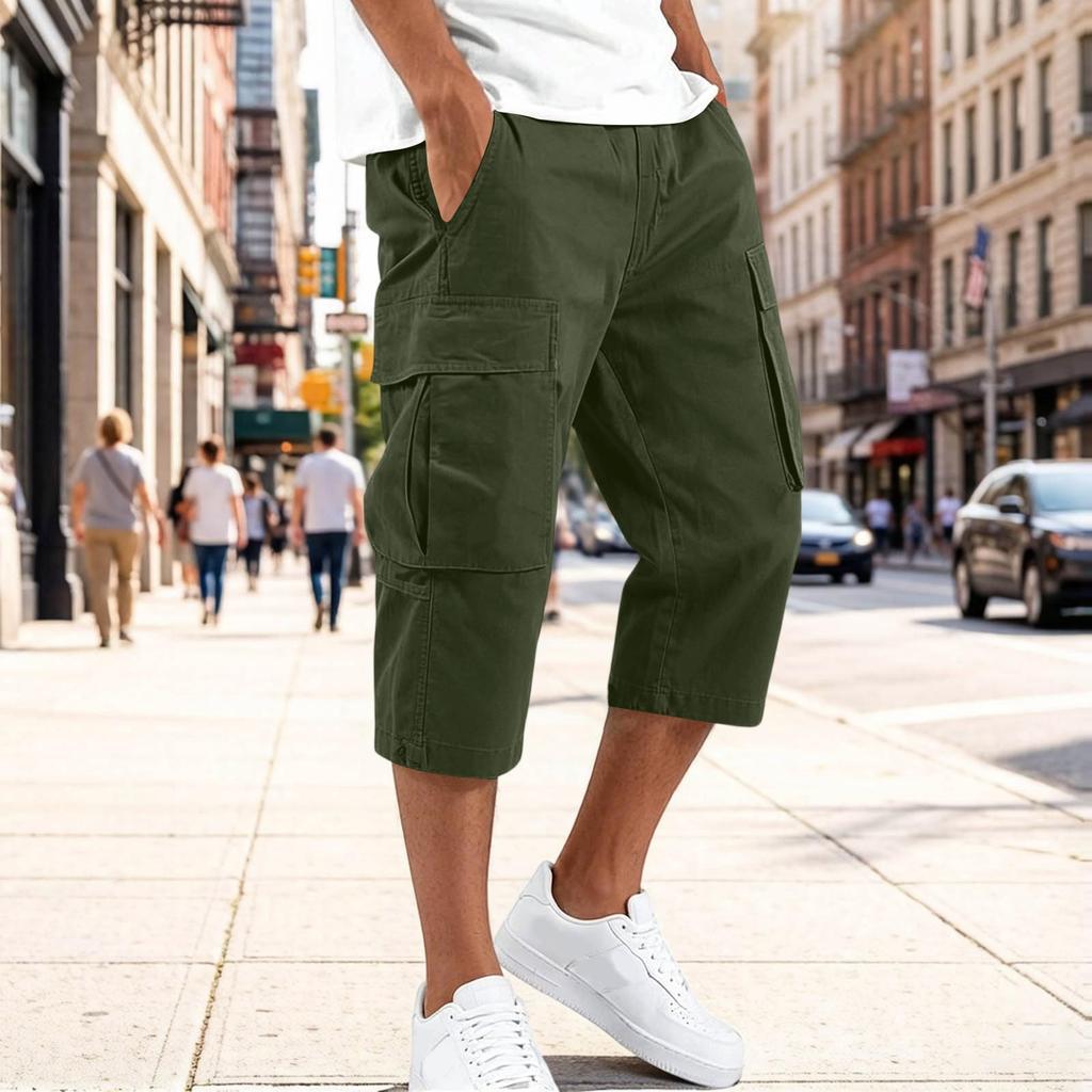 Men Cargo Shorts with Drawstring Waist Multi Pocket Design Casual Mid Length Workwear Pants for Outdoor Activities and Everyday Use