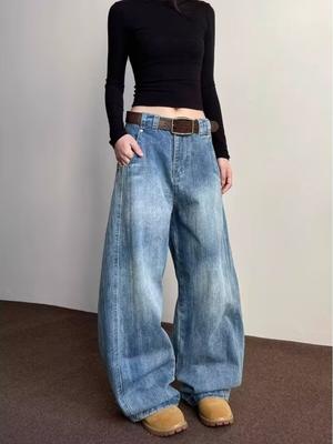 Americké vintage high street prané džíny se širokými nohavicemi dámské 90s retro volné módní designové kalhoty korejské elegantní džínové kalhoty Ins