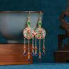 Chinese Style 925 Silver Sun God Deer Earrings with Hetian Jade, Enamel Glaze & Tassel Hooks