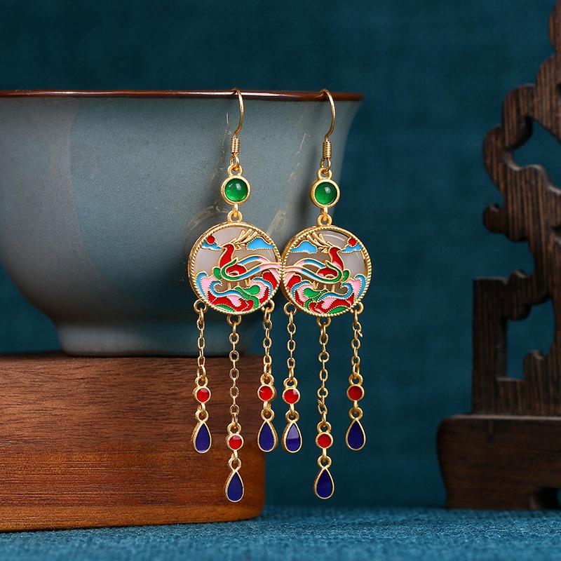 Chinese Style 925 Silver Sun God Deer Earrings with Hetian Jade, Enamel Glaze & Tassel Hooks
