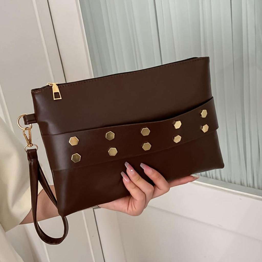 1 st Damkuvertväska, Enfärgad Kuvertväska med Nitinlägg, Dragkedjestängning, Fodrad Lämplig för Arbete, Pendling, Dejt, Fest