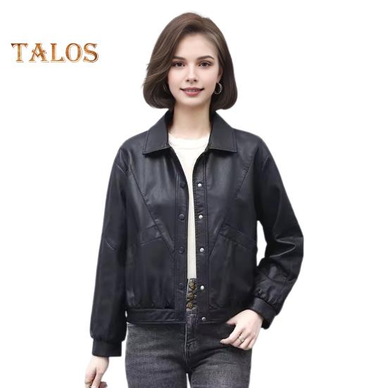 Women Jacket Faux Leather Smooth Surface Turn-down Collar Single-breasted Long Sleeves Pockets Retro Motorcycle Coat Office Commuting Travel Outerwear