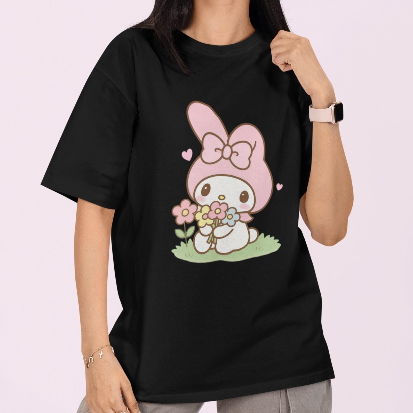 Cute My Melody T-Shirt Pink Bow Floral Design Sanrio Cartoon Graphic Tee Kawaii S