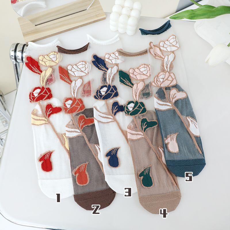 1/3/5/10 Pairs See Through Transparent Nylon Long Socks Women Summer Ultra-thin Breathable Crystal Silk Socks Embroidery Floral Cute Lace Socks