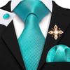 Pearl Brooch with Silk Tie for Men Vintage Floral Teal Necktie Hanky Cufflinks Gift Formal Set