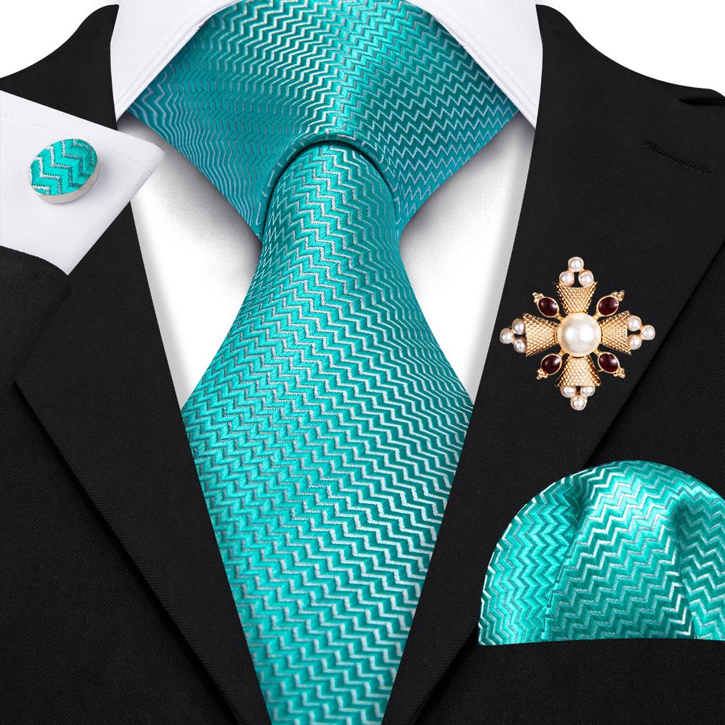 Pearl Brooch with Silk Tie for Men Vintage Floral Teal Necktie Hanky Cufflinks Gift Formal Set