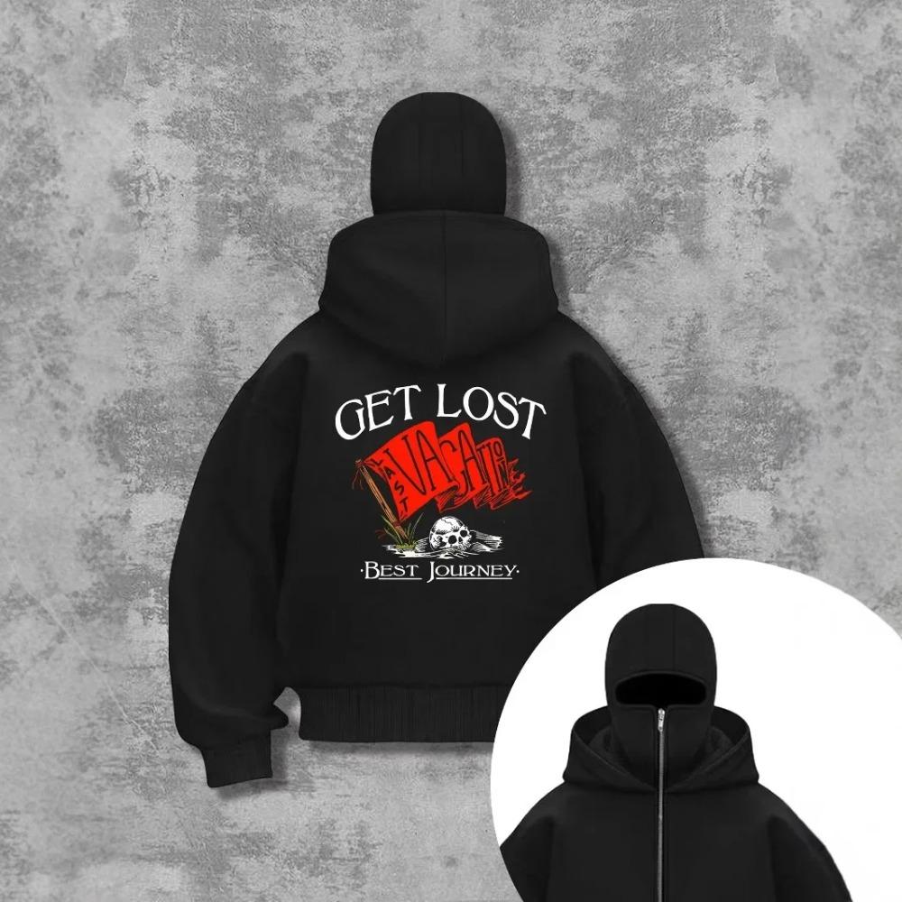 Herren Gothic Stil Bedrucktes Doppelhut Sweatshirt Herbst und Winter Pappe Reißverschluss Hemd Kapuzenpullover Polyester Doppelkappe Doppelkragen