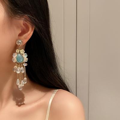 Pendientes largos con borlas de perlas de cristal y diamantes con aguja de plata 925, pendientes con temperamento y diseño retro