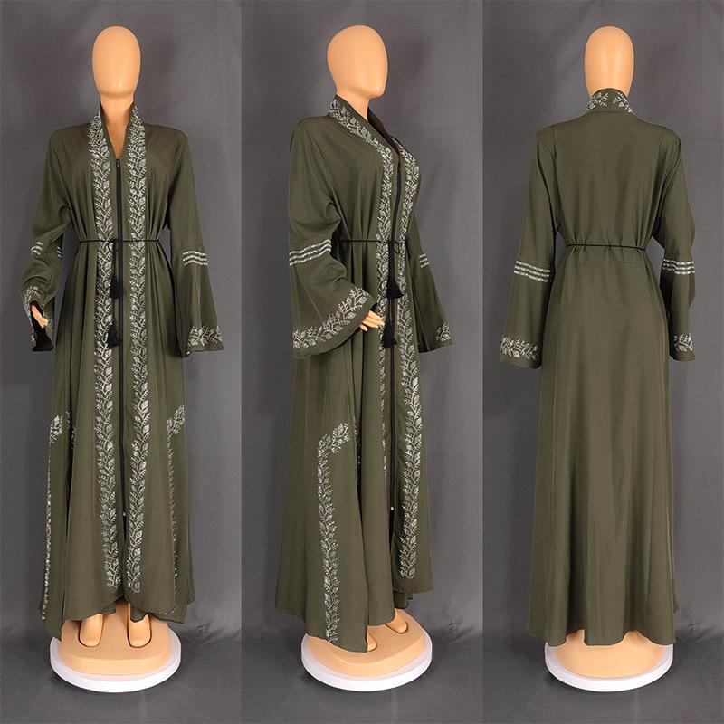 Arabian Style Long Sleeve Bell Bottom Dress Cardigan Robe Large Size Women's Fashionable Casual Geometric Patterned Gown
