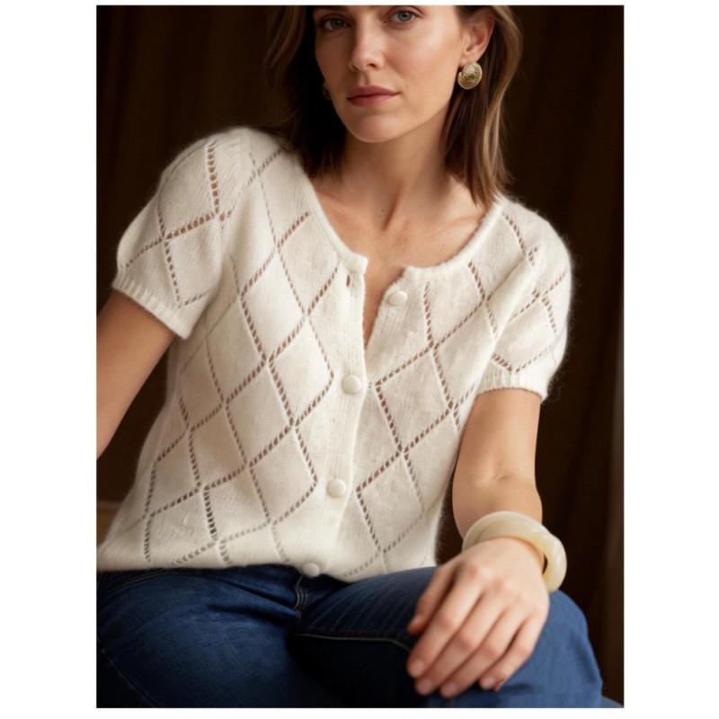 Womens Lightweight Knit Cardigan With Geometric Cutout Round Neck Single-Breasted Button Front Slim Fit Office