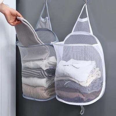 Foldable Storage Laundry Basket Organizer Dirty Clothes Mesh Bag Household Wall-mounted Bathroom Clothes Hanging Baskets Bucket