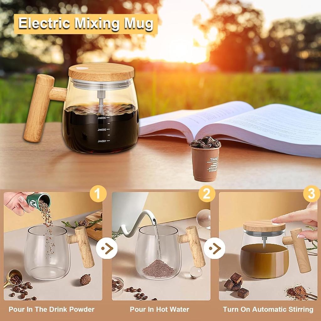 Self Stirring Coffee Mug, Glass Electric Self Mixing Cup with Lid & Handle, 400ml
