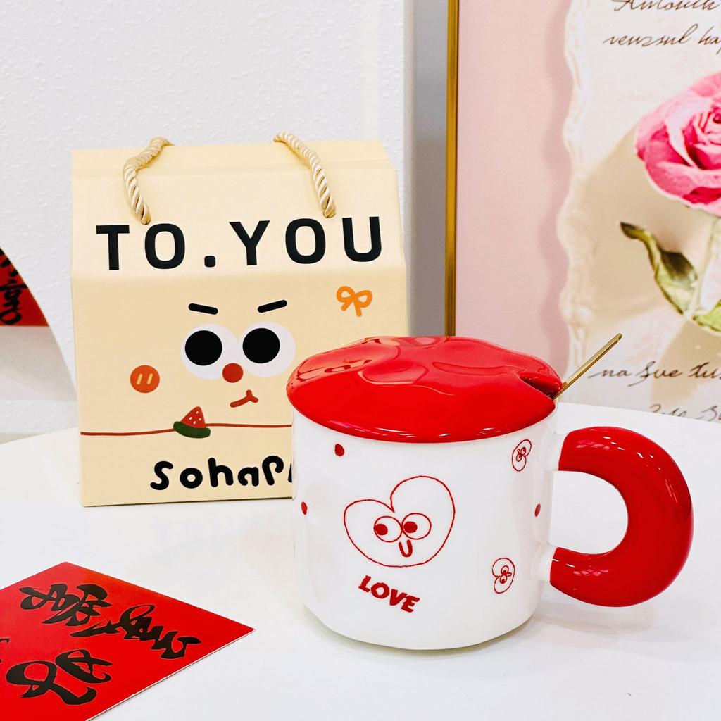 Red Festive Zhaocai Fubao Ceramic Mug with Lid New Year Gift Cup Souvenir Event Handheld Gift Box