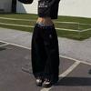 Dam Y2K-stil Baggy Jeans Hög Midja Leopardmönstrad Midjeband Vida Ben Svarta Jeansbyxor