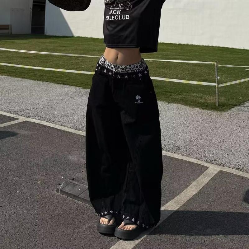 Dam Y2K-stil Baggy Jeans Hög Midja Leopardmönstrad Midjeband Vida Ben Svarta Jeansbyxor