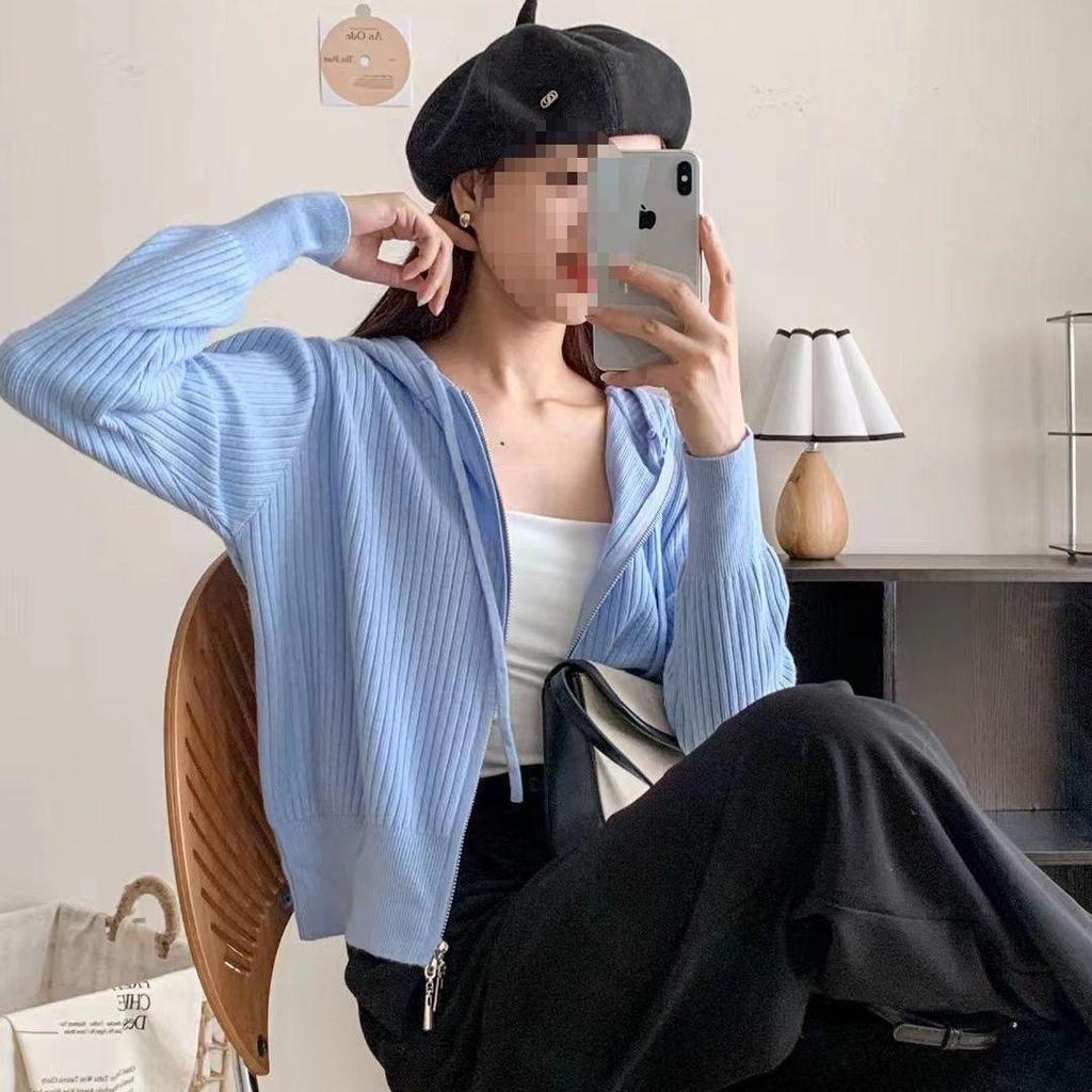 Casual Hooded Zip-Up Knitwear Jacket: Spring/Autumn Lightweight, Loose Fit, Versatile, Slimming Outerwear