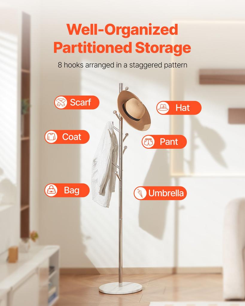 VEVOR Coat Rack, Freestanding Coats Rack Stand with Stable Marble Base & 8 Hooks, Free Standing Hall Coat Tree for Entryway, Bedroom, Office