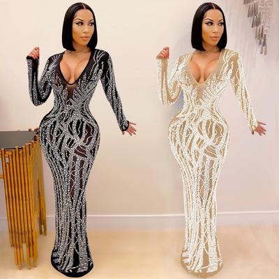X5002 Sexy Rhinestone Inlaid See-through Mesh Long Dress for Nightclubs
