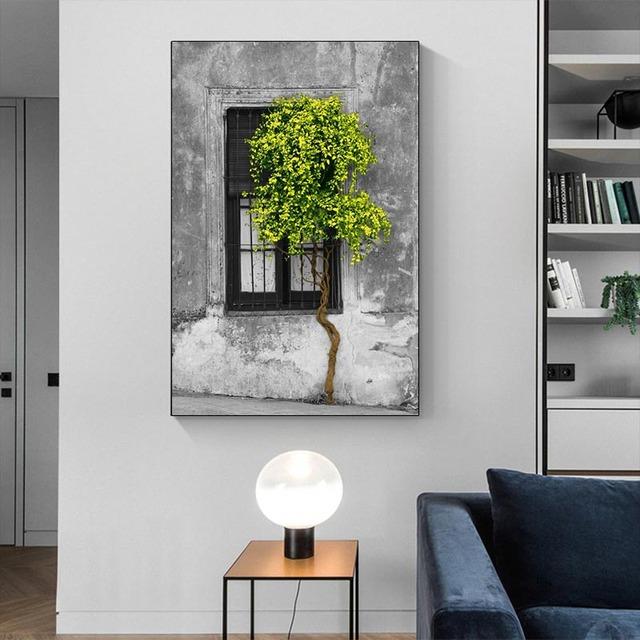 Strom před oknem Zelená Fialová Malba na plátno Obrazy krajiny do obývacího pokoje Domov Nástěnná umělecká dekorace Bez rámu