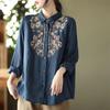 Blouses For Women National Shirt Cotton Linen Shirt Loose Embroidered Blous Laple Long Sleeve Cardigan Top Female Shirts