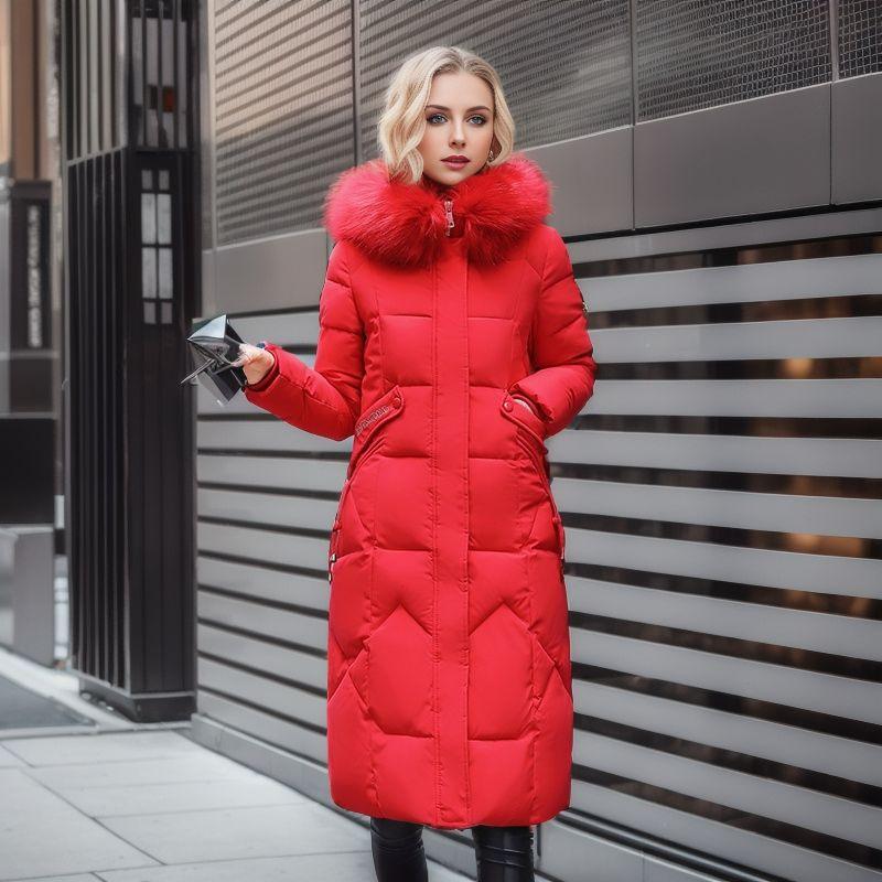 Damen Winterjacke Parka Langer Mantel Verdicken Mantel Pelzkragen Mit Kapuze Reißverschluss Warme Schneebekleidung Gepolsterte Kleidung