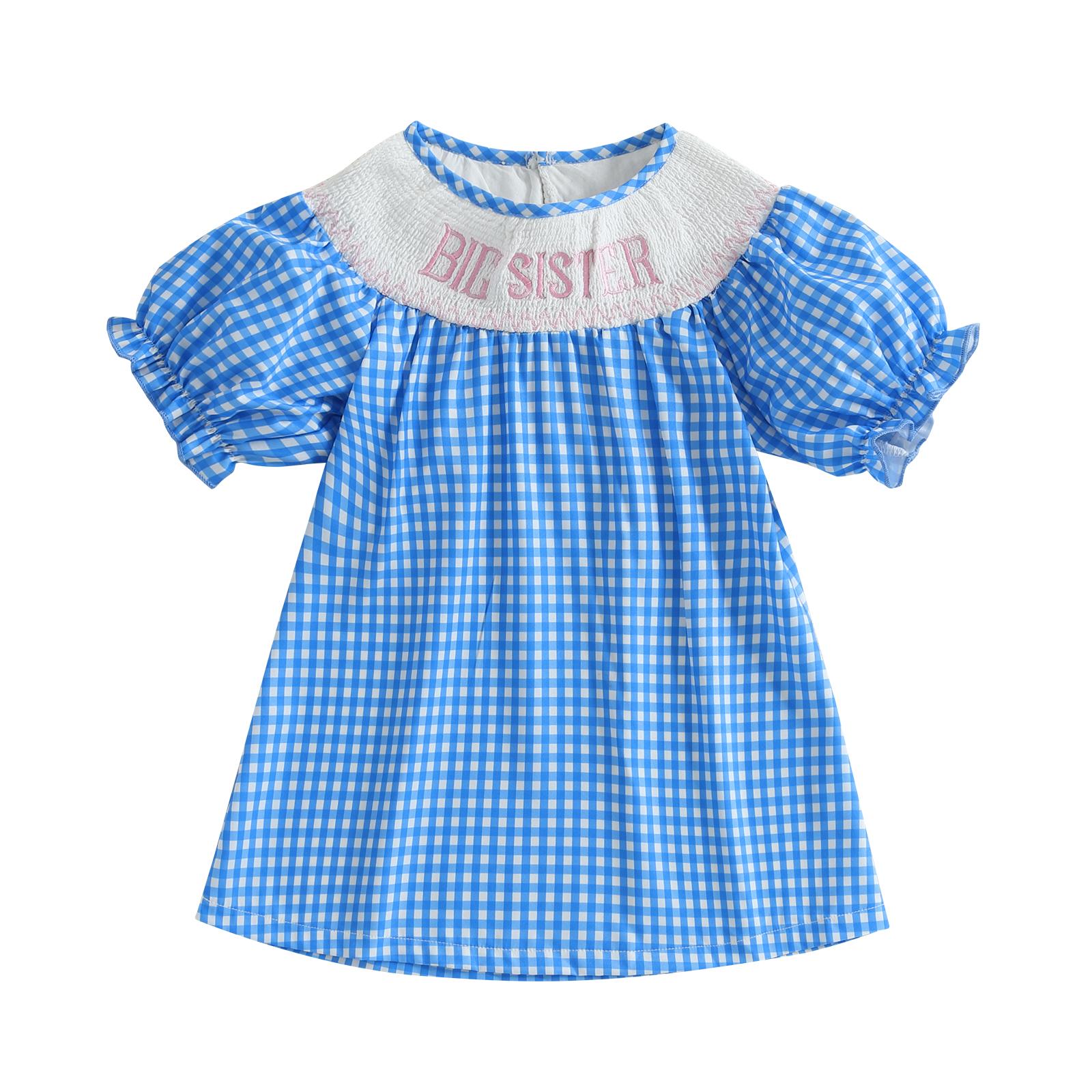 

Летнее платье принцессы для маленьких девочек, с коротким рукавом, вышивкой букв, А-силуэта, в клетку 2-3Y синий
