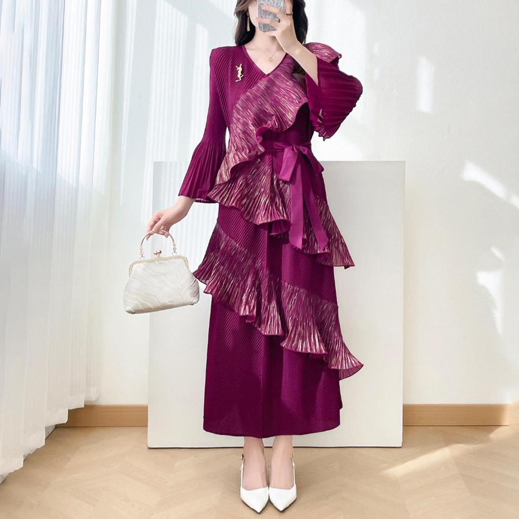 Elegant Plus Size Pleated Ruffle Lace-Up Dress