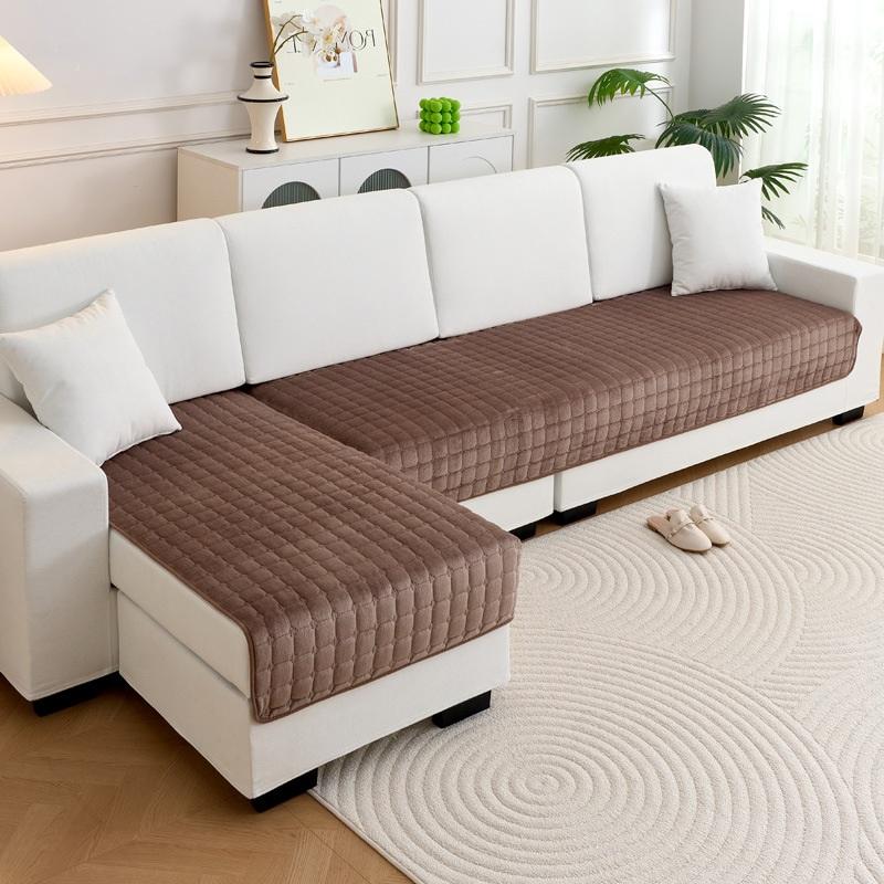 Thick Flannel Sofa Cushion Warm Non-Slip Plush Seat Pads Dust-Proof Living Room General Solid Color Sofa Covers Back Towel