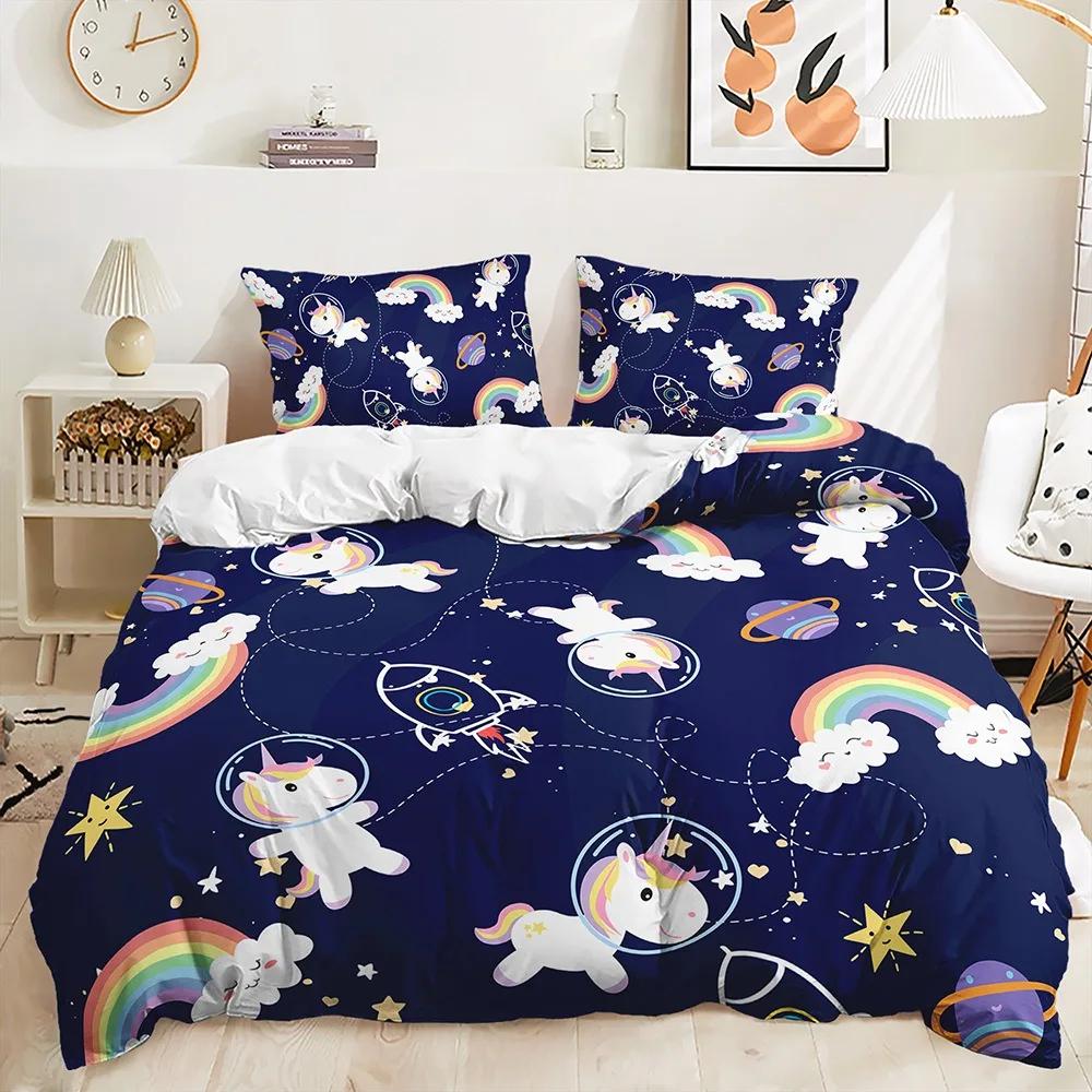 Bedding Sets for Girls,Stars,Moons,Unicorns,Fantasy Cartoon Duvet Cover Set,Twin Size Quilt Cover with Pillowcases,Bed Clothes