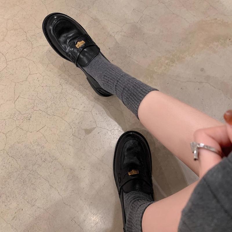 Shoes Horse Skin Retro Polished Small Gold Coins Thick Heel Thick Sole Small Leather Shoes