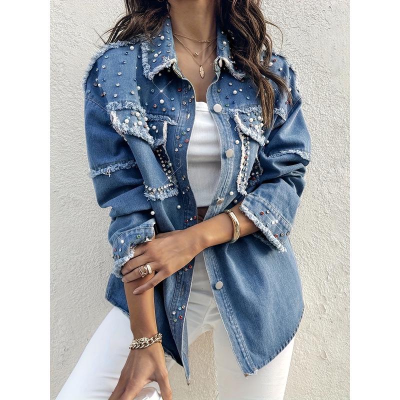 2026 Rhinestone Lapel Long Sleeve Button-Up