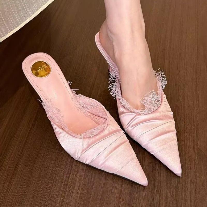 

Baotou High Heels Women s Summer Pointed Toe Lace Pleated Slip-on Non-Slip Stiletto Heel Half Drag 40 рожевий